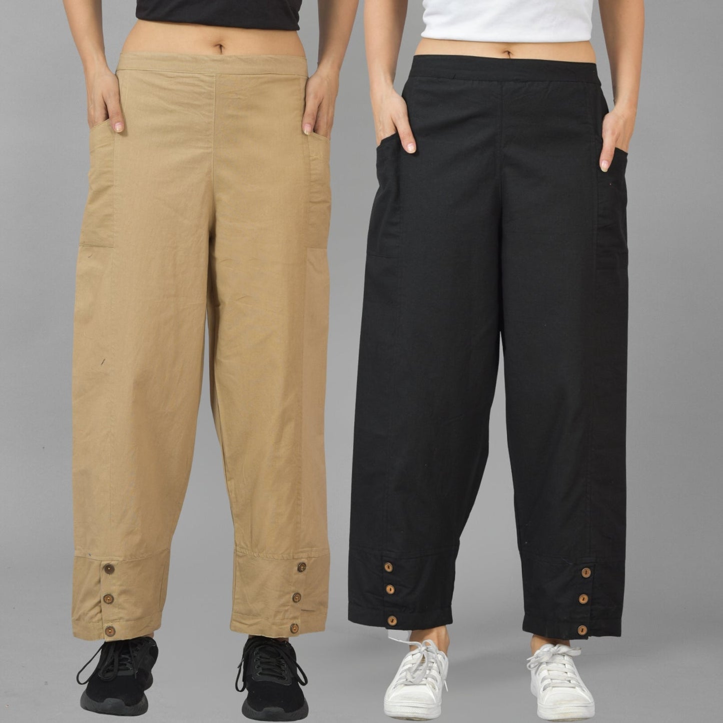 Combo Pack Of Womens Beige And Black Side Pocket Straight Cargo Pants
