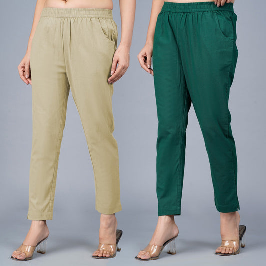 Pack Of 2 Womens Regular Fit Beige And Bottle Green Elastic Waistband Cotton Trouser