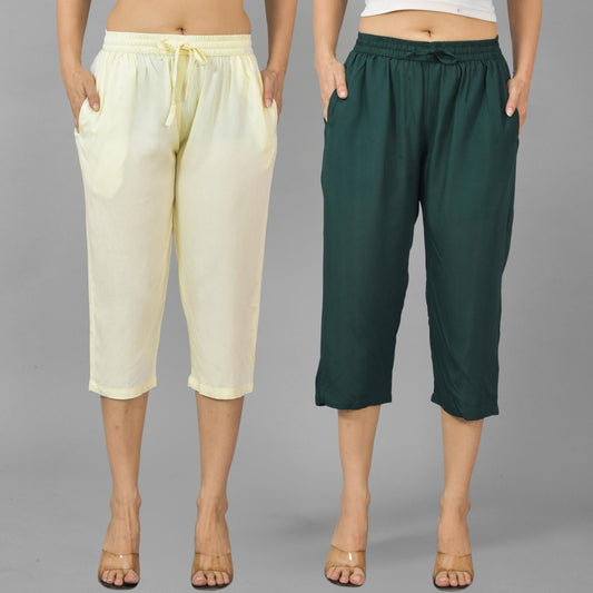 Pack Of 2 Womens Beige And Dark Green Calf Length Rayon Culottes Trouser Combo