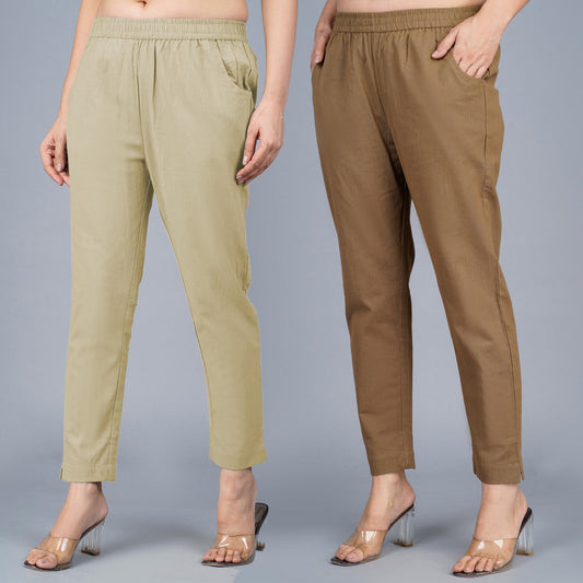 Pack Of 2 Womens Regular Fit Beige And Brown Fully Elastic Waistband Cotton Trouser