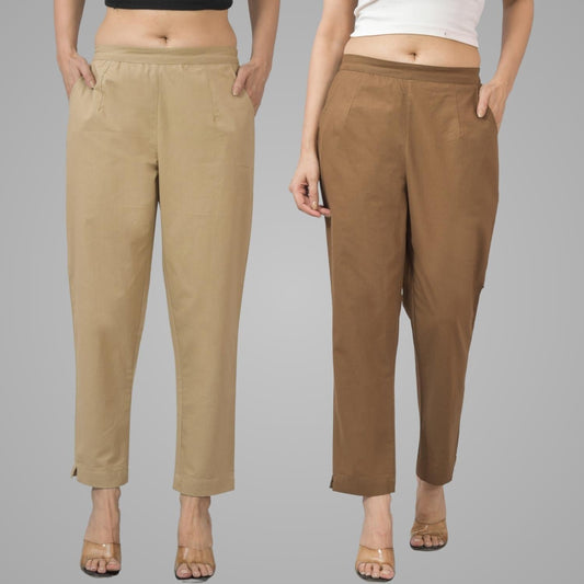 Pack Of 2 Womens Half Elastic Beige And Brown Deep Pocket Cotton Pants