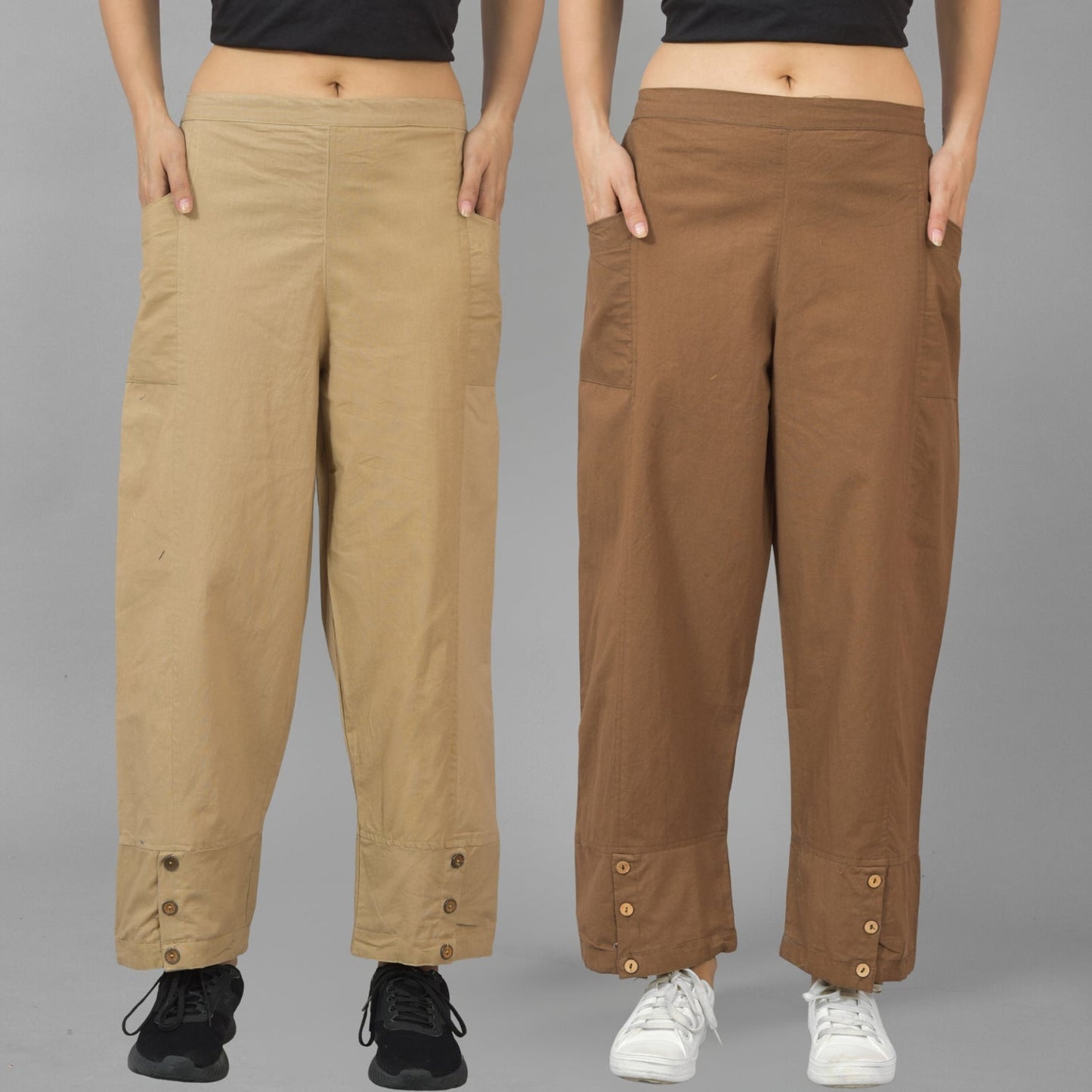 Combo Pack Of Womens Beige And Brown Side Pocket Straight Cargo Pants