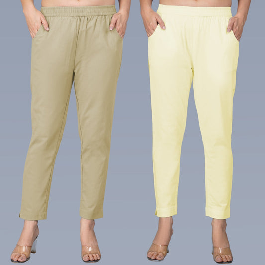 Pack Of 2 Womens Regular Fit Beige And Cream Fully Elastic Waistband Cotton Trouser