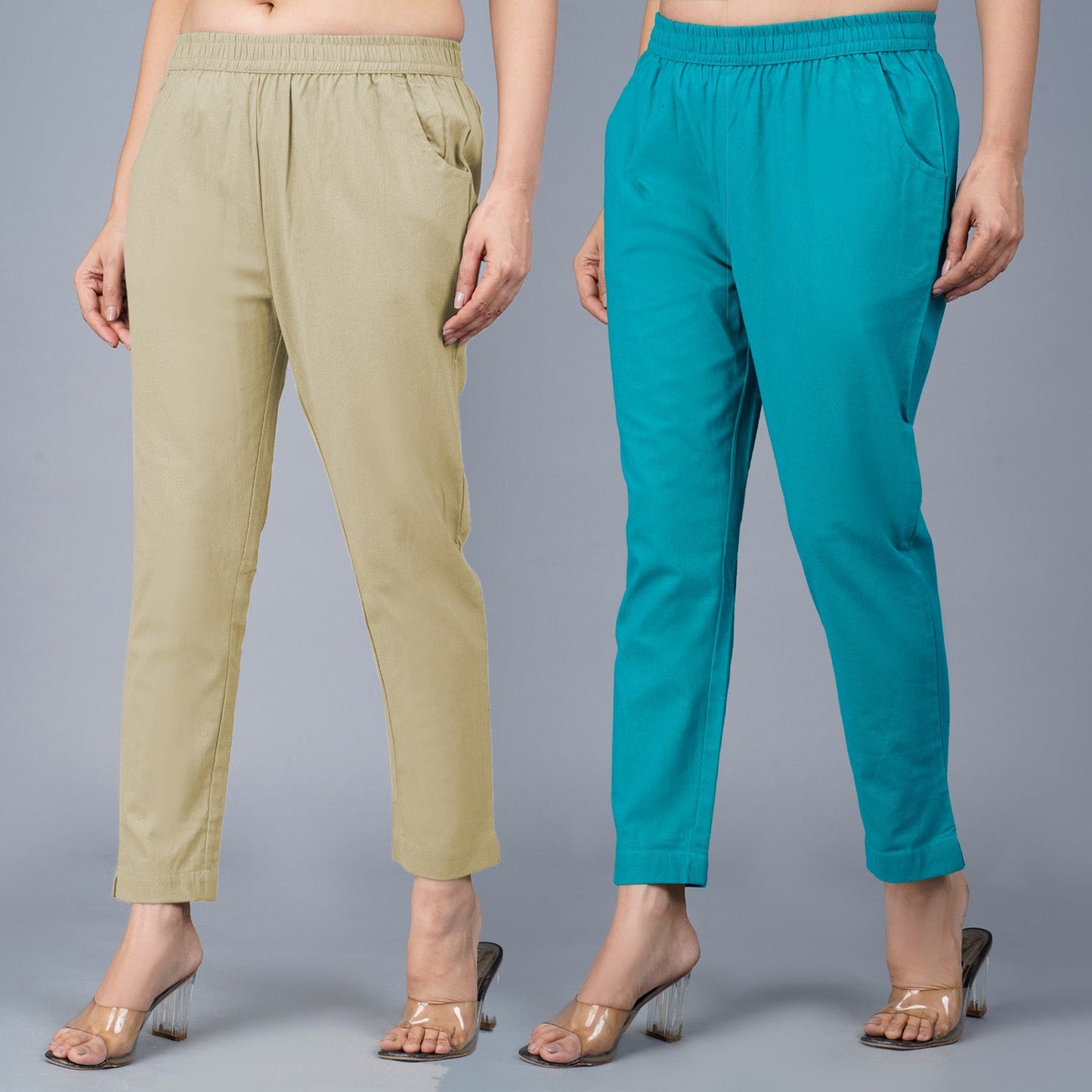 Pack Of 2 Womens Regular Fit Beige And Cyan Fully Elastic Waistband Cotton Trouser