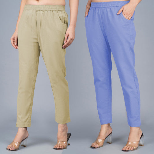 Pack Of 2 Womens Regular Fit Beige And Denim Blue Fully Elastic Waistband Cotton Trouser