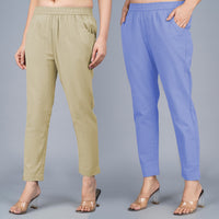 Pack Of 2 Womens Regular Fit Beige And Denim Blue Fully Elastic Waistband Cotton Trouser