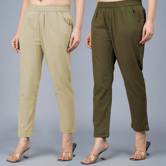 Pack Of 2 Womens Regular Fit Beige And Dark Green Fully Elastic Waistband Cotton Trouser