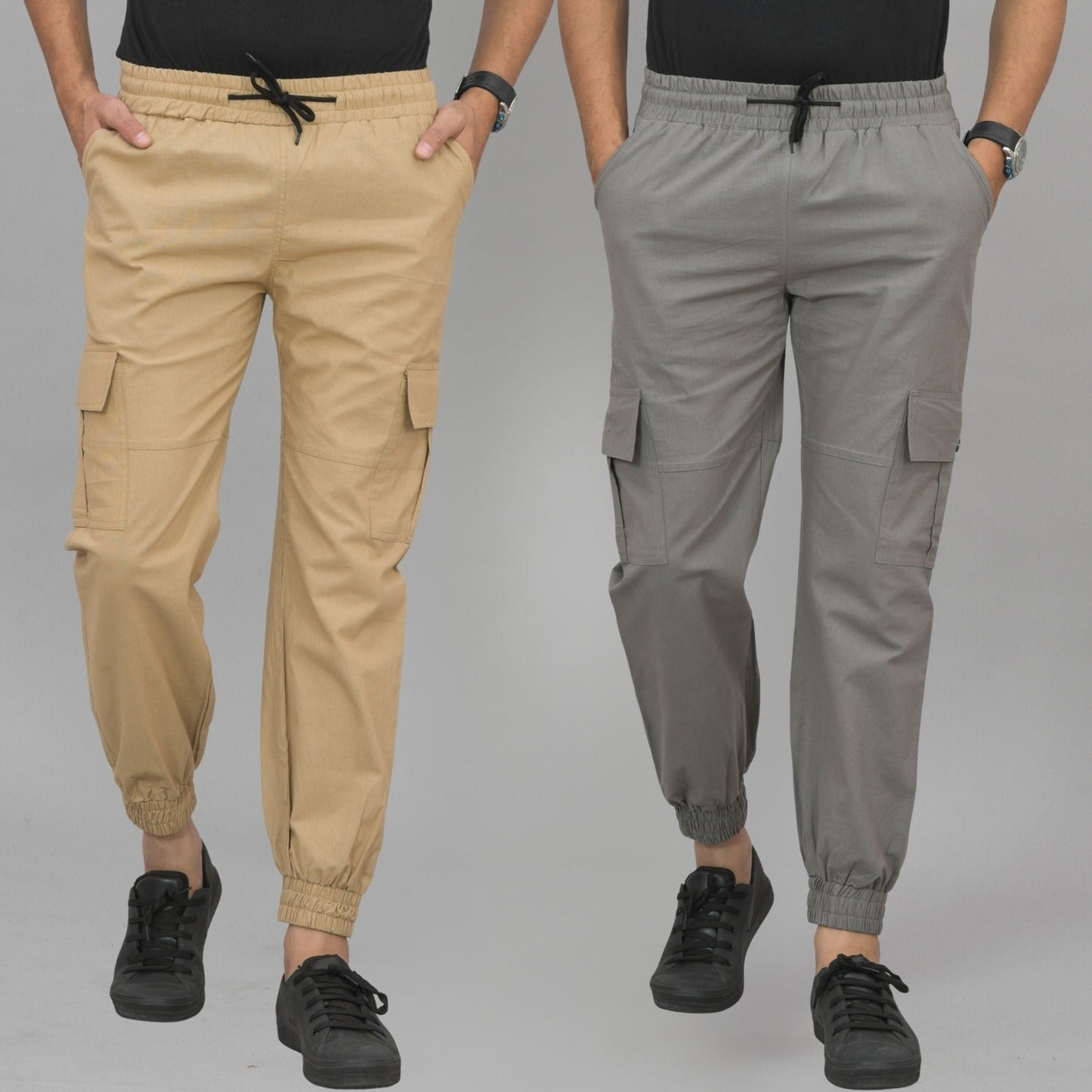 Combo Pack Of Mens Beige And Grey Five Pocket Cotton Cargo Pants
