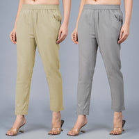 Pack Of 2 Womens Regular Fit Beige And Grey Fully Elastic Waistband Cotton Trouser