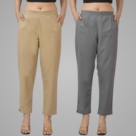 Pack Of 2 Womens Half Elastic Beige And Grey Deep Pocket Cotton Pants