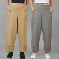 Combo Pack Of Womens Beige And Grey Side Pocket Straight Cargo Pants