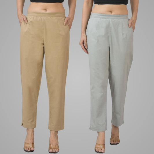 Pack Of 2 Womens Half Elastic Beige And Light Grey Deep Pocket Cotton Pants