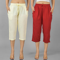 Pack Of 2 Womens Beige And Maroon Calf Length Rayon Culottes Trouser Combo