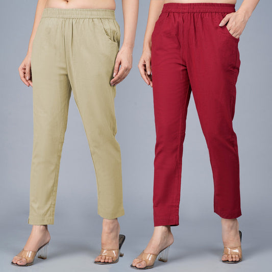 Pack Of 2 Womens Regular Fit Beige And Maroon Fully Elastic Waistband Cotton Trouser