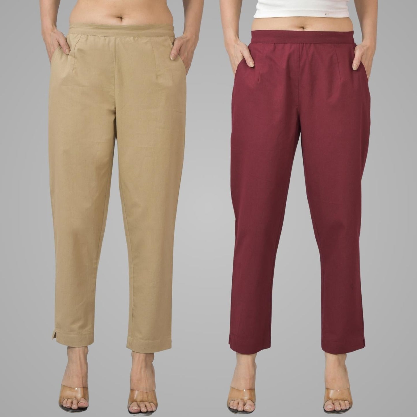 Pack Of 2 Womens Half Elastic Beige And Maroon Deep Pocket Cotton Pants