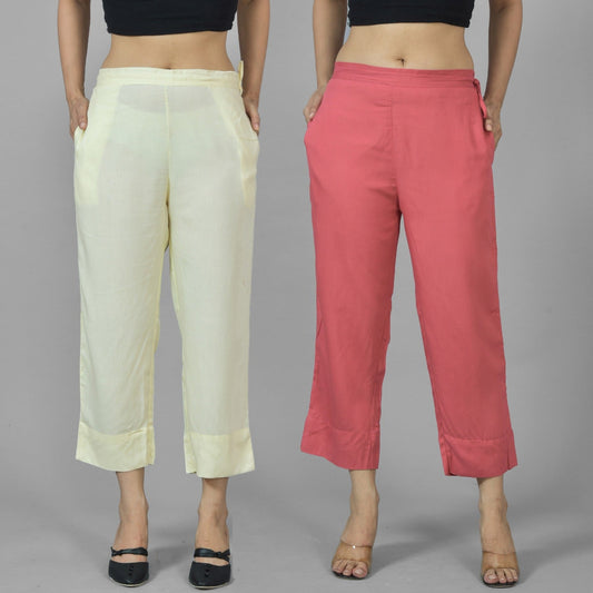Pack Of 2 Womens Beige And Mauve Pink Ankle Length Rayon Culottes Trouser Combo