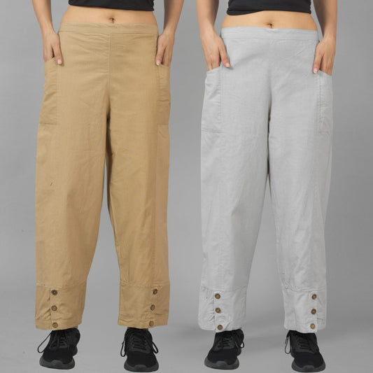 Combo Pack Of Womens Beige And Melange Grey Side Pocket Straight Cargo Pants