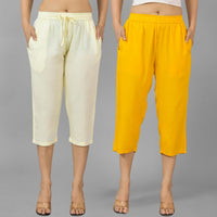 Pack Of 2 Womens Beige And Mustard Calf Length Rayon Culottes Trouser Combo