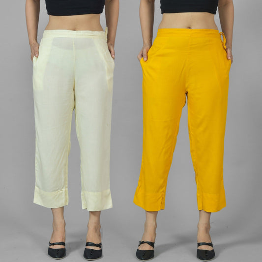 Pack Of 2 Womens Beige And Mustard Ankle Length Rayon Culottes Trouser Combo