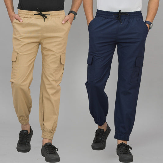 Pack Of 2 Mens Beige And Navy Blue Airy Linen Summer Cool Cotton Comfort Joggers