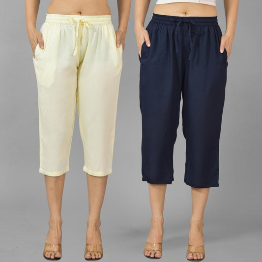 Pack Of 2 Womens Beige And Navy Blue Calf Length Rayon Culottes Trouser Combo