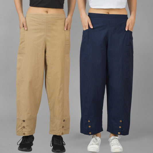 Combo Pack Of Womens Beige And Navy Blue Side Pocket Straight Cargo Pants