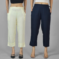 Pack Of 2 Womens Beige And Navy Blue Ankle Length Rayon Culottes Trouser Combo