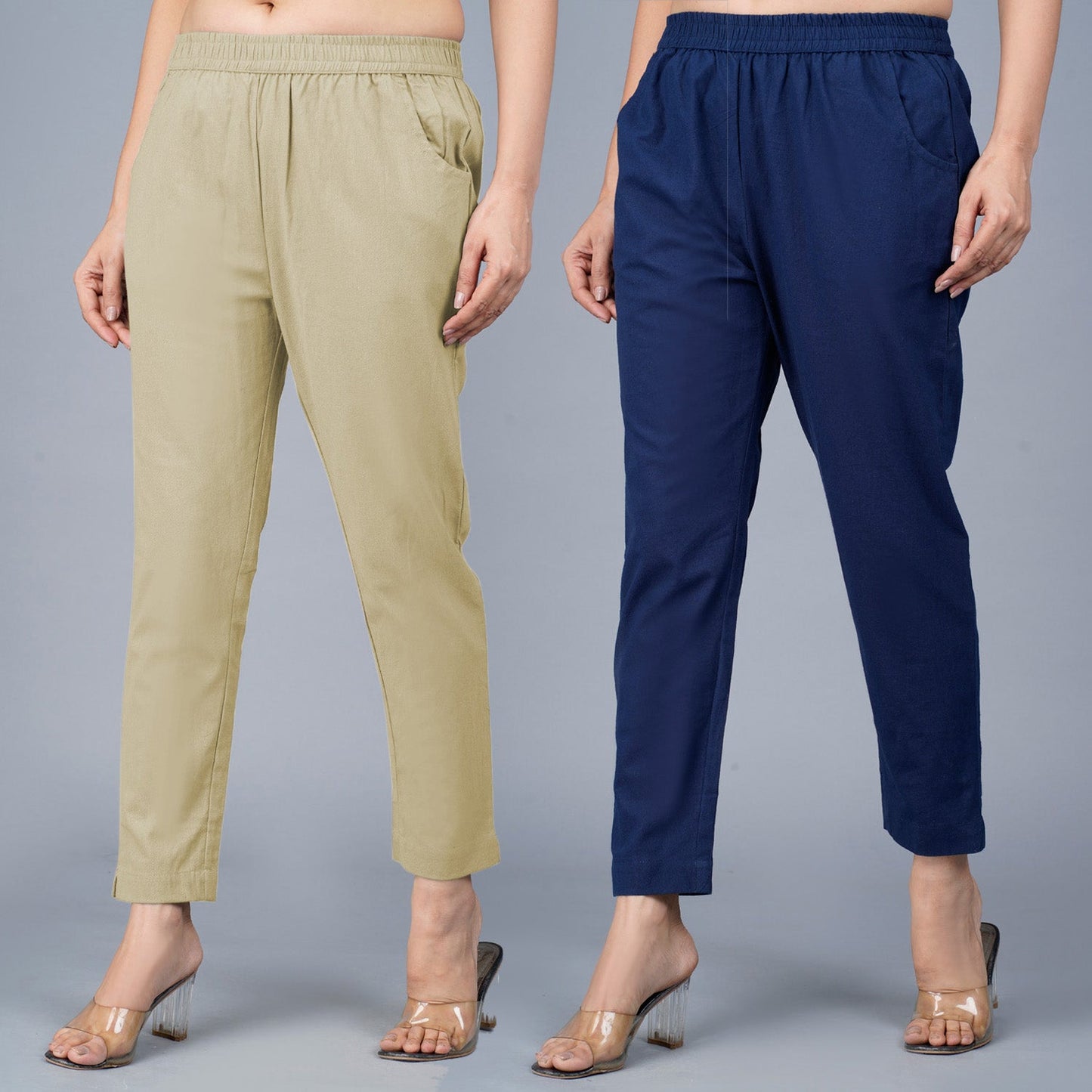 Pack Of 2 Womens Regular Fit Beige And Navy Blue Fully Elastic Waistband Cotton Trouser