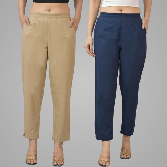 Pack Of 2 Womens Half Elastic Beige And Navy Blue Deep Pocket Cotton Pants