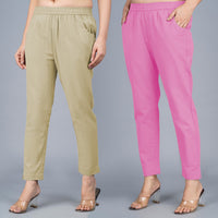 Pack Of 2 Womens Regular Fit Beige And Pink Fully Elastic Waistband Cotton Trouser