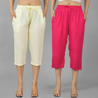 Pack Of 2 Womens Beige And Rani Pink Calf Length Rayon Culottes Trouser Combo