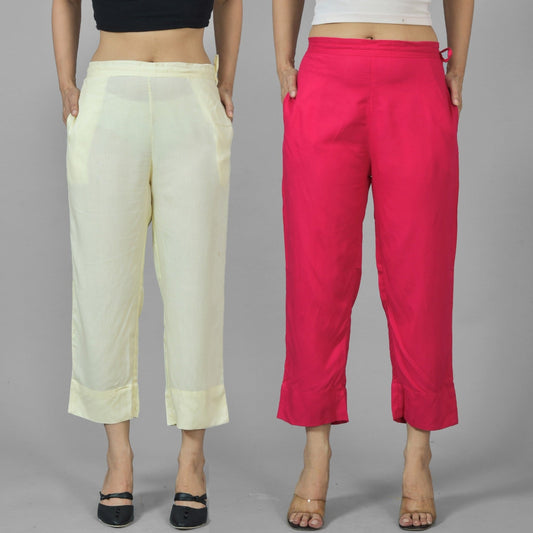 Pack Of 2 Womens Beige And Rani Pink Ankle Length Rayon Culottes Trouser Combo