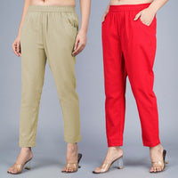 Pack Of 2 Womens Regular Fit Beige And Red Fully Elastic Waistband Cotton Trouser
