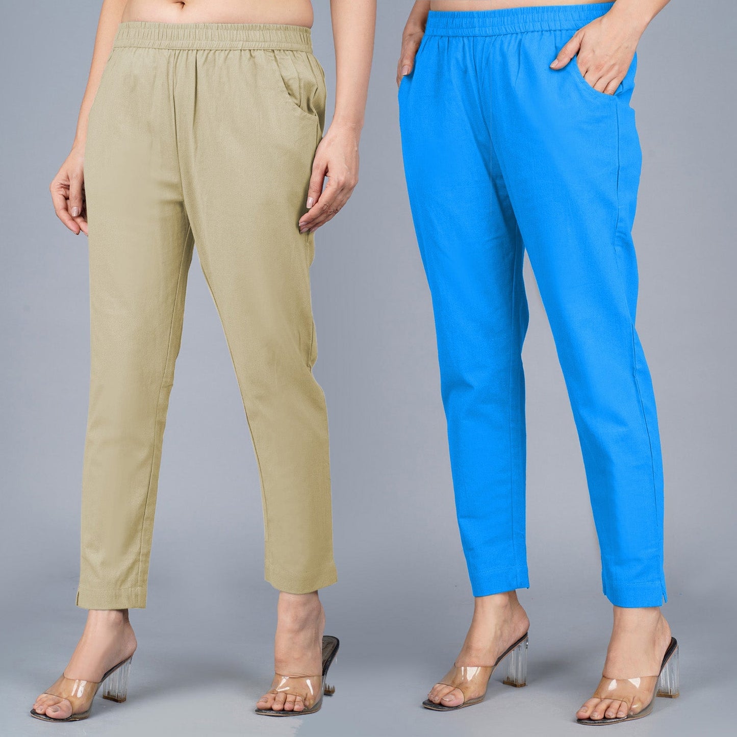 Pack Of 2 Womens Regular Fit Beige And Sky Blue Fully Elastic Waistband Cotton Trouser