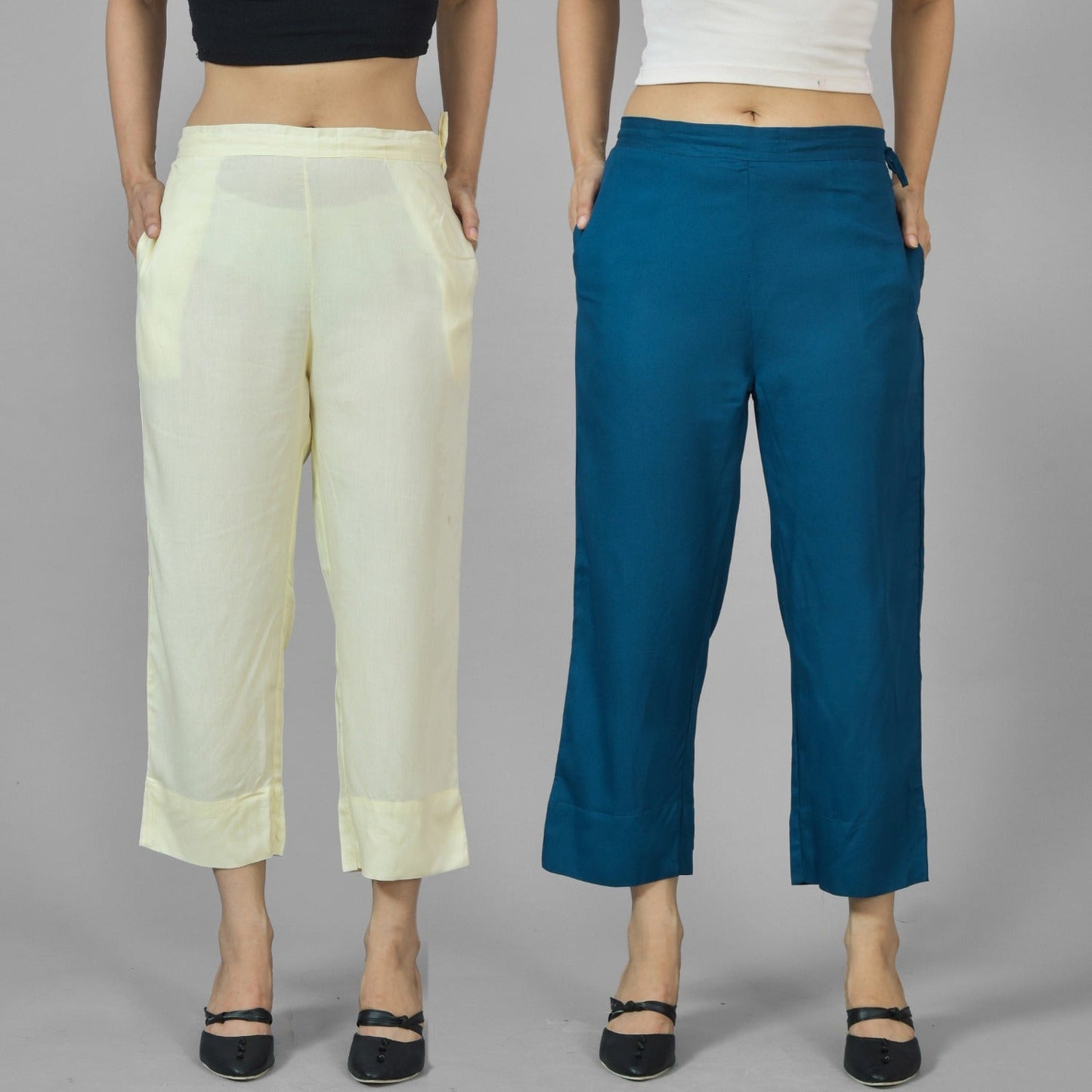Pack Of 2 Womens Beige And Teal Blue Ankle Length Rayon Culottes Trouser Combo