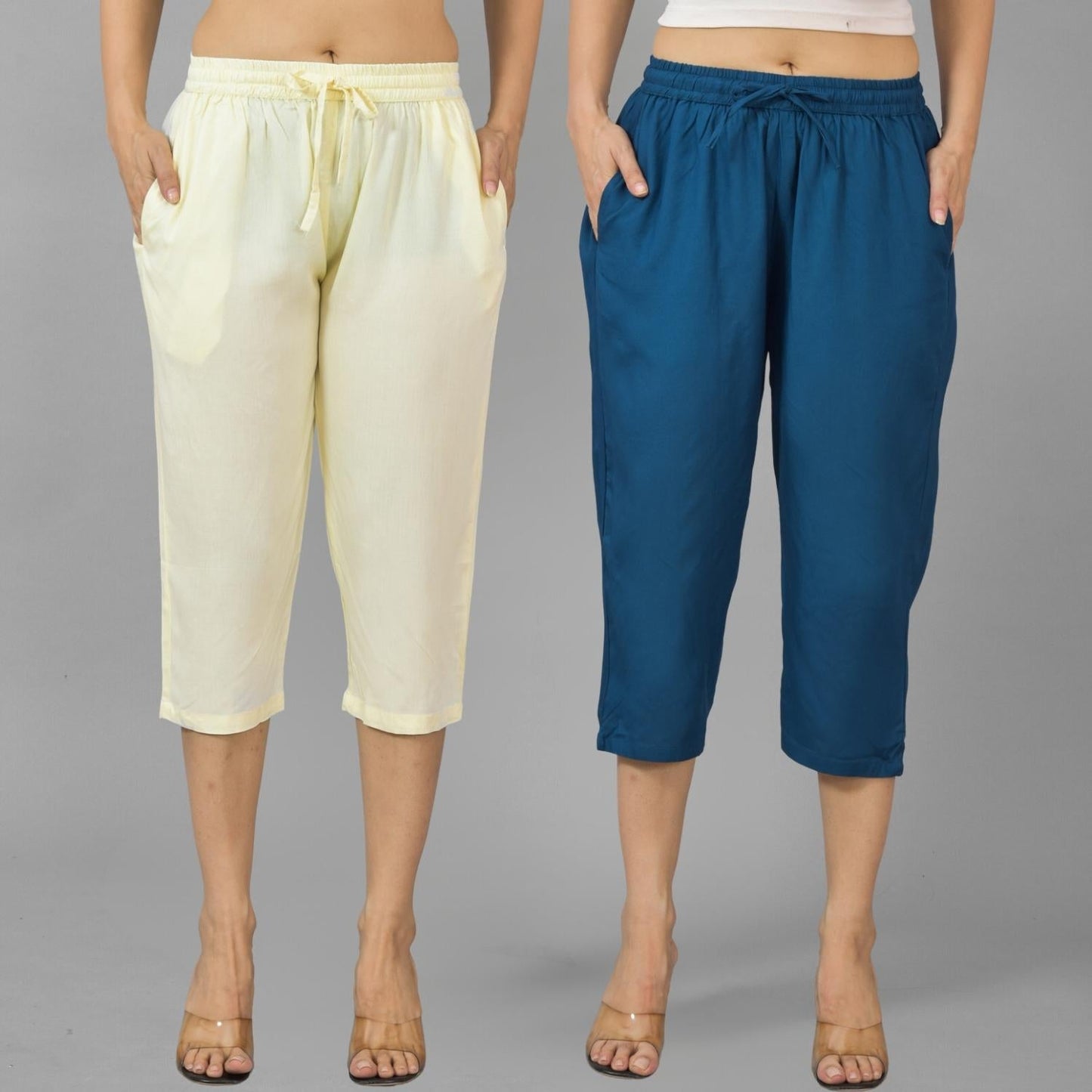 Pack Of 2 Womens Beige And Teal Blue Calf Length Rayon Culottes Trouser Combo