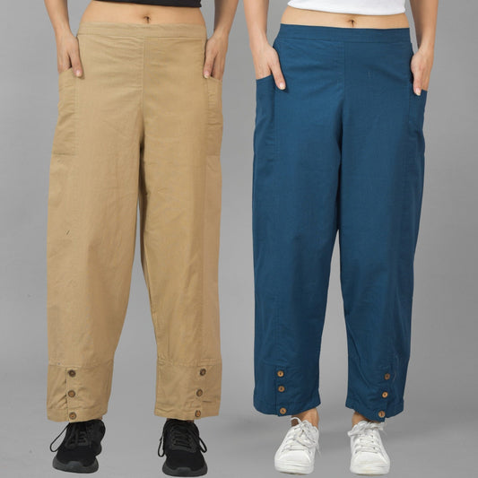 Combo Pack Of Womens Beige And Teal Blue Side Pocket Straight Cargo Pants
