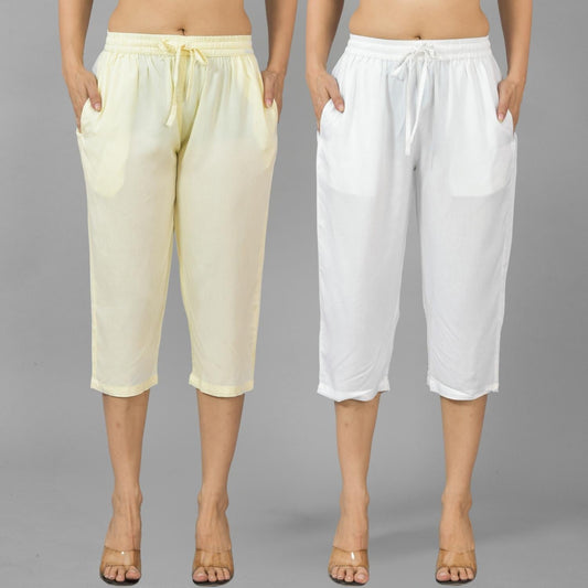 Pack Of 2 Womens Beige And White Calf Length Rayon Culottes Trouser Combo