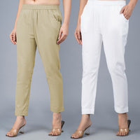 Pack Of 2 Womens Regular Fit Beige And White Fully Elastic Waistband Cotton Trouser
