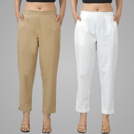 Pack Of 2 Womens Half Elastic Beige And White Deep Pocket Cotton Pants