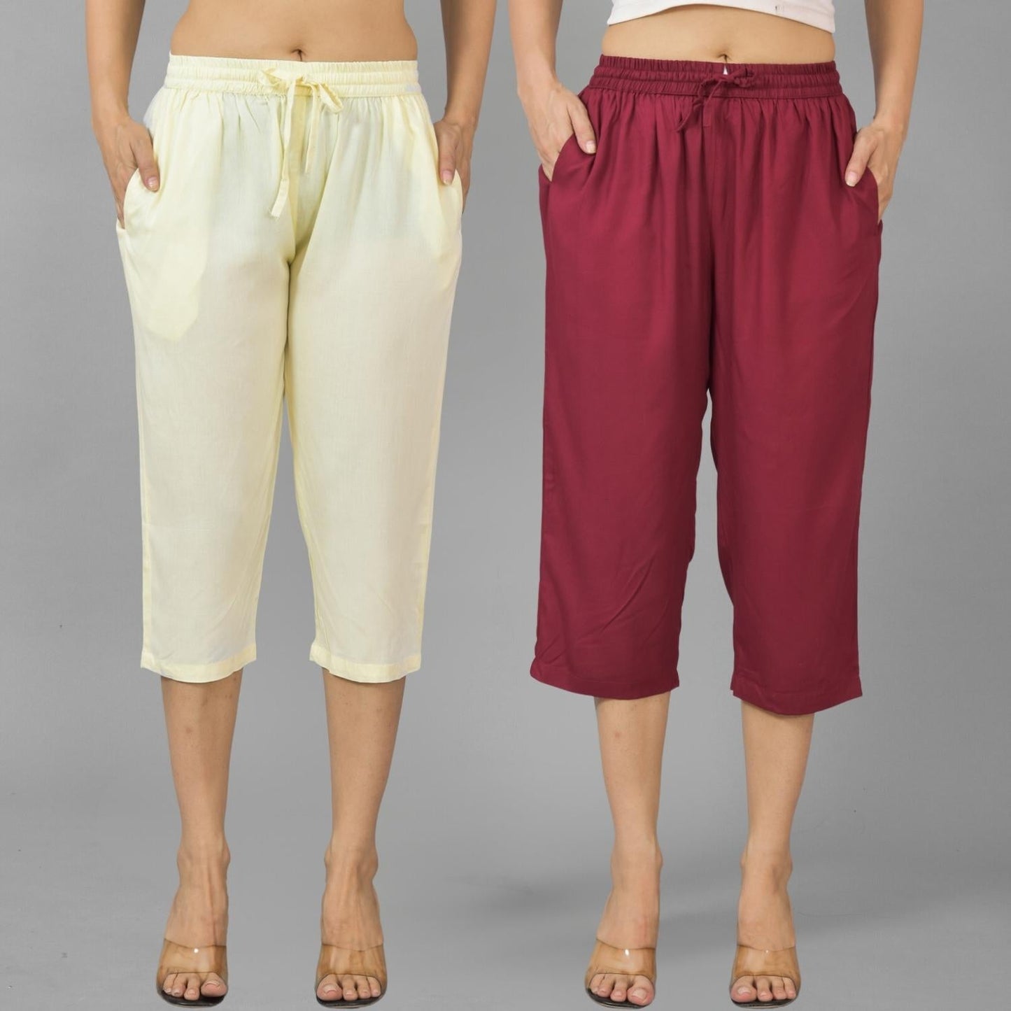 Pack Of 2 Womens Beige And Wine Calf Length Rayon Culottes Trouser Combo