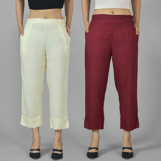 Pack Of 2 Womens Beige And Wine Ankle Length Rayon Culottes Trouser Combo