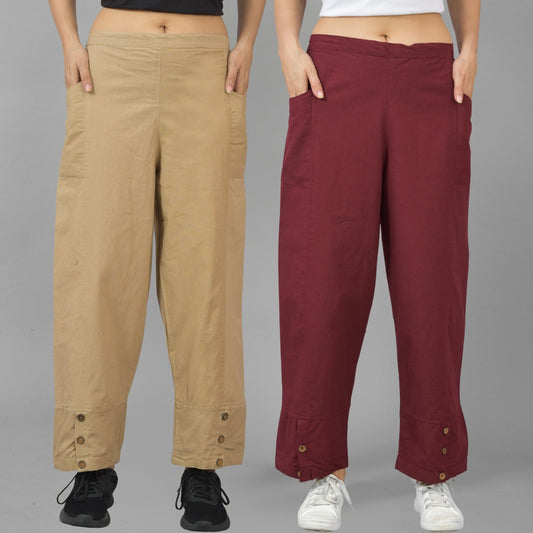 Combo Pack Of Womens Beige And Wine Side Pocket Straight Cargo Pants