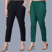 Pack Of 2 Womens Regular Fit Black And Bottle Green Fully Elastic Waistband Cotton Trouser