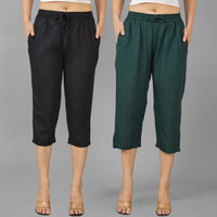 Pack Of 2 Womens Black And Dark Green Calf Length Rayon Culottes Trouser Combo