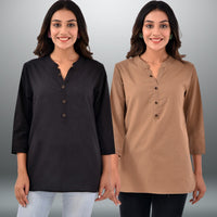 Pack Of 2 Womens Regular Fit Black And Brown Three Fourth Sleeve Cotton Tops Combo