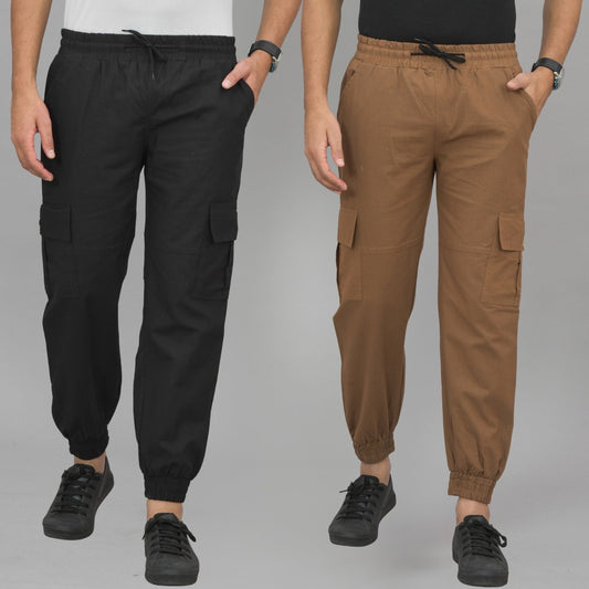 Pack Of 2 Mens Black And Brown Airy Linen Summer Cool Cotton Comfort Joggers