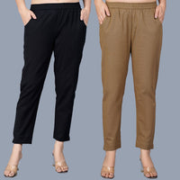 Pack Of 2 Womens Regular Fit Black And Brown Fully Elastic Waistband Cotton Trouser