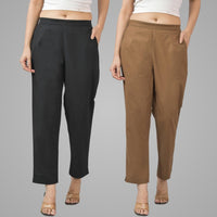 Pack Of 2 Womens Half Elastic Black And Brown Deep Pocket Cotton Pants