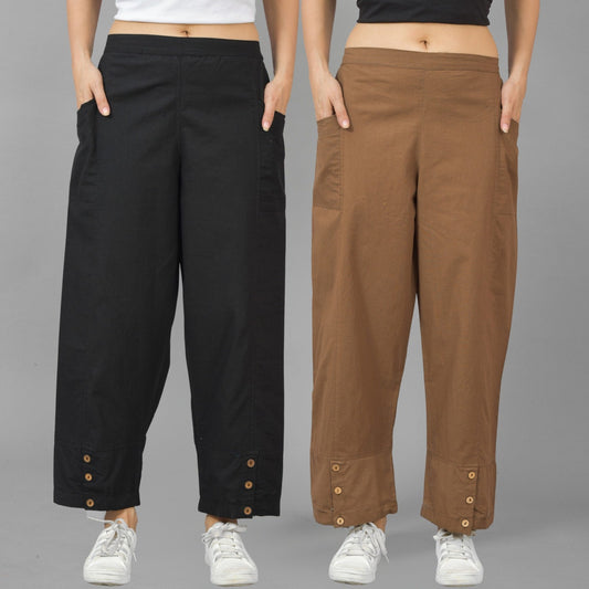Combo Pack Of Womens Black And Brown Side Pocket Straight Cargo Pants
